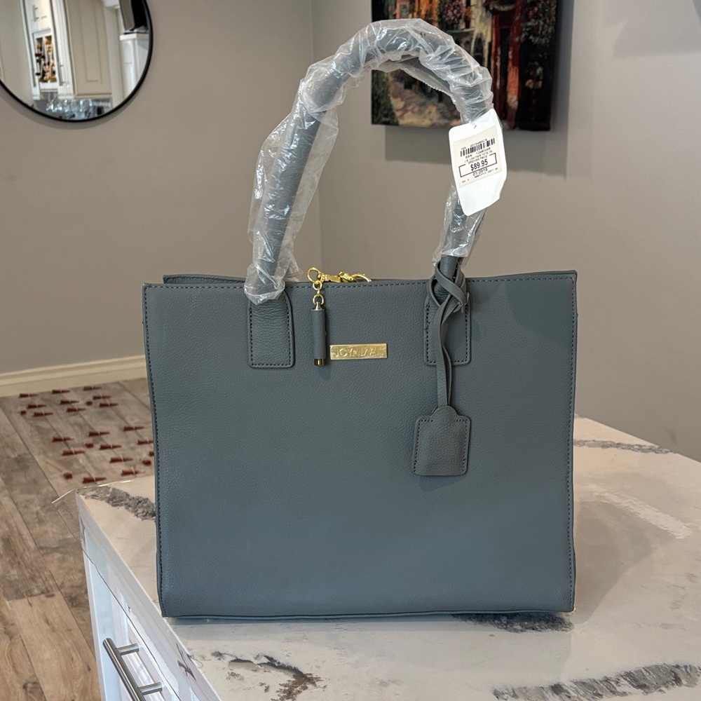 Joy & Iman Gray Structured Leather Tote with Gold Hardware